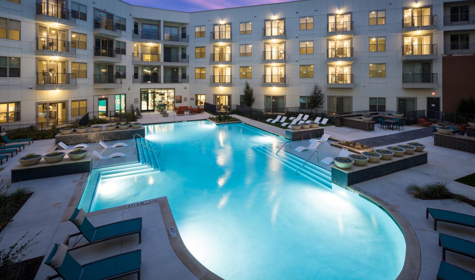 a swimming pool in a large building